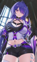 Rule 34 | 1girl, absurdres, acheron (honkai: star rail), bare shoulders, belt, black shorts, blush, breasts, choker, cleavage, closed mouth, collarbone, commentary, crop top, earrings, english commentary, hair over one eye, high ponytail, highres, honkai: star rail, honkai (series), jewelry, large breasts, long hair, long sleeves, looking at viewer, midriff, mixed-language commentary, navel, nvl, purple eyes, purple hair, short shorts, shorts, single bare shoulder, solo, sword, thick thighs, thighs, weapon, wide sleeves