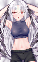 Rule 34 | 1girl, absurdres, armpits, arms behind head, arms up, artia, bed sheet, black ribbon, black shorts, breasts, covered collarbone, cowboy shot, crop top, from below, hair between eyes, hair intakes, hair ribbon, highres, hololive, hololive china, long hair, lying, medium breasts, mero (ly21207), midriff, on back, open mouth, parted bangs, red eyes, ribbon, ringed eyes, saliva, saliva trail, short shorts, shorts, silver hair, simple background, sleeveless, snake, solo, stomach, thigh gap, very long hair, virtual youtuber, white background
