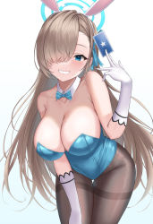 Rule 34 | 1girl, absurdres, animal ears, asuna (blue archive), asuna (bunny) (blue archive), bent over, black pantyhose, blonde hair, blue archive, blue bow, blue bowtie, blue eyes, blue leotard, blue ribbon, bow, bowtie, breasts, card, cleavage, collarbone, cowboy shot, detached collar, elbow gloves, fake animal ears, gloves, hair over one eye, hair ribbon, halo, highres, holding, holding card, large breasts, leotard, long hair, mole, mole on breast, pantyhose, playboy bunny, rabbit ears, rama (yu-light8), ribbon, simple background, solo, thigh gap, traditional bowtie, very long hair, white background