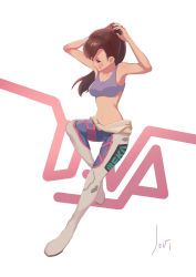 Rule 34 | 1girl, absurdres, adjusting hair, artist name, bad id, bad pixiv id, bare shoulders, bodysuit, breasts, brown eyes, brown hair, character name, clothes writing, collarbone, d.va (overwatch), facial mark, full body, hair tie, hands up, highres, jovizoo, long hair, navel, overwatch, overwatch 1, ponytail, simple background, solo, tank top, whisker markings, white background