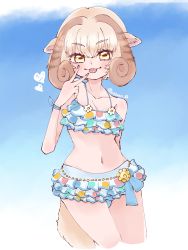 Rule 34 | 1girl, :p, alternate costume, animal ears, bare shoulders, bikini, blue bikini, commentary request, cowboy shot, cthun n, frilled bikini, frills, highres, horns, kemono friends, looking at viewer, midriff, navel, sheep (kemono friends), sheep ears, sheep girl, sheep horns, sheep tail, short hair, solo, spaghetti strap, swimsuit, tail, tongue, tongue out, v, white hair, yellow eyes