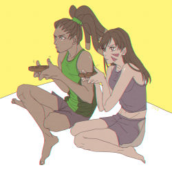Rule 34 | 1boy, 1girl, bare shoulders, barefoot, beard, blush, breasts, brown eyes, brown hair, chromatic aberration, closed mouth, collarbone, controller, crop top, d.va (overwatch), dark-skinned male, dark skin, dreadlocks, facepaint, facial hair, facial mark, flat color, full body, game controller, gamepad, goatee, groin, hair ornament, hair tie, high ponytail, highres, holding, indian style, lanmuzouwu, long hair, lucio (overwatch), on floor, overwatch, overwatch 1, playing games, ponytail, remote control, shorts, sitting, smile, tank top, upper body, wariza, whisker markings, white background