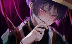 Rule 34 | 1boy, evil smile, genshin impact, hair between eyes, hat, head tilt, highres, japanese clothes, jewelry, looking at viewer, male focus, purple eyes, purple hair, scaramouche (genshin impact), shima usagi, short hair, smile, solo, upper body