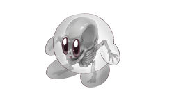 Rule 34 | absurdres, bone, fall guys, full body, happy, highres, kirby, kirby (series), monochrome, nintendo, no humans, open mouth, pink eyes, shiburingaru, simple background, skeleton, skull, smile, solo, spot color, standing, what, white background, x-ray