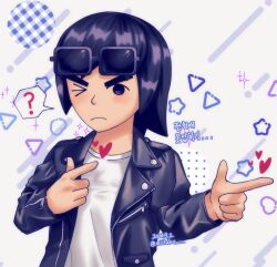 &gt;_o 1boy ? black_eyes black_hair black_jacket blush check_translation closed_mouth double_finger_gun eyewear_on_head finger_gun heart highres jacket korean_text leather leather_jacket long_hair long_sleeves looking_at_viewer male_focus mii_(nintendo) mii_brawler mii_brawler_(smash_ultimate) miitaku nintendo one_eye_closed open_clothes shirt solo sparkle spoken_question_mark star_(symbol) sunglasses thick_eyebrows translation_request upper_body white_shirt