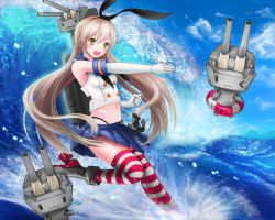 Rule 34 | &gt;:d, 10s, 1girl, :d, anchor hair ornament, black panties, blonde hair, blue skirt, blue sky, breasts, c.m.h, day, elbow gloves, full body, gloves, hair ornament, hairband, highleg, highleg panties, kantai collection, knees together feet apart, lifebuoy, long hair, microskirt, midriff, navel, neckerchief, ocean, open mouth, outdoors, panties, pleated skirt, rensouhou-chan, school uniform, serafuku, shimakaze (kancolle), skirt, sky, sleeveless, small breasts, smile, solo, striped clothes, striped thighhighs, swim ring, thighhighs, underwear, v-shaped eyebrows, very long hair, waves, white gloves, yellow eyes