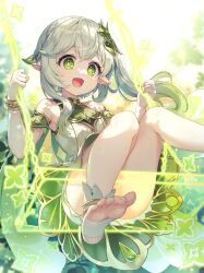 Rule 34 | 1girl, absurdres, bloomers, bracelet, braid, cape, commentary, cross-shaped pupils, detached sleeves, dress, finger frame, genshin impact, gold trim, gradient hair, green cape, green eyes, green hair, green sleeves, hair ornament, highres, jewelry, leaf hair ornament, long hair, mono (mono mon), multicolored hair, nahida (genshin impact), open mouth, outdoors, pointy ears, side braid, side ponytail, sitting, sleeveless, sleeveless dress, smile, stirrup footwear, symbol-shaped pupils, toeless footwear, toeless legwear, underwear, white bloomers, white dress, white footwear, white hair