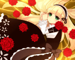 Rule 34 | 1girl, bad id, bad pixiv id, blonde hair, flower, gosick, green eyes, hairband, lolita fashion, long hair, looking at viewer, lying, mya (ma0ma0ma), red flower, red rose, rose, solo, victorica de blois