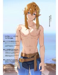 Rule 34 | 1boy, belt, blonde hair, blue eyes, blue sky, blurry, blurry background, cover, depth of field, earrings, fake magazine cover, head tilt, jewelry, leopardtiger, link, long hair, looking at viewer, magazine cover, male focus, multiple scars, nintendo, nipples, ocean, pointy ears, ponytail, scar, sidelocks, sky, smile, the legend of zelda, the legend of zelda: breath of the wild, topless male