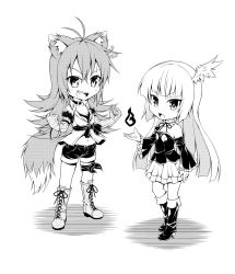Rule 34 | 2girls, animal ears, boots, chibi, cross-laced footwear, elbow gloves, fox ears, fox tail, gloves, greyscale, high heel boots, high heels, highres, knee boots, kyuutou (kyuutouryuu), lace-up boots, long hair, monochrome, multiple girls, original, tail, thighhighs, witch