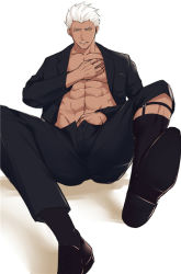 Rule 34 | 1boy, archer (fate), cha chi (artist), dress shoes, dress suit, fate (series), looking at viewer, male focus, pants, pectorals, shoes, smile, socks, tan, undressing, white hair, yellow eyes