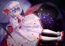 Rule 34 | 1girl, absurdres, bad id, bad pixiv id, blush, bobby socks, closed mouth, fang, hat, highres, light purple hair, looking away, mary janes, mob cap, red eyes, remilia scarlet, shoes, short hair, smile, socks, solo, touhou, wings, zhibuji loom