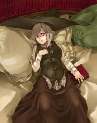 Rule 34 | 1girl, bed, black skirt, book, breasts, dress, glasses, gram (muneneko), grey hair, hand on own chest, hat, large breasts, long skirt, long sleeves, looking at viewer, muneneko, necktie, on bed, original, pillow, red eyes, skirt, solo, vest, witch, witch hat