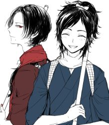 Rule 34 | 10s, 2boys, alternate costume, bad id, bad tumblr id, black hair, broom, closed eyes, earrings, high ponytail, japanese clothes, jewelry, kashuu kiyomitsu, kimono, kumita (sumica), limited palette, long hair, male focus, mole, mole under eye, mole under mouth, multiple boys, nail polish, open mouth, partially colored, red eyes, red nails, red scarf, scarf, simple background, touken ranbu, upper body, white background, white scarf, yamato-no-kami yasusada