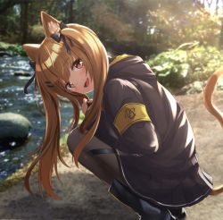 Rule 34 | 1girl, akabane hibame, animal ears, black pantyhose, blush, breasts, brown eyes, brown hair, cat ears, cat tail, day, fingerless gloves, girls&#039; frontline, gloves, hair between eyes, hair ornament, hairclip, highres, jacket, long hair, looking at viewer, open mouth, outdoors, pantyhose, ribbon, scar, scar across eye, scar on face, skirt, smile, squatting, tail, twintails, ump9 (girls&#039; frontline)