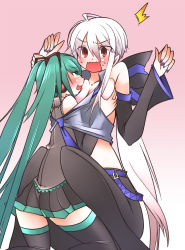Rule 34 | 2girls, ahoge, bare shoulders, blush, boots, breasts, detached sleeves, female pervert, grabbing, grabbing another&#039;s breast, green eyes, green hair, hatsune miku, headphones, long hair, medium breasts, multiple girls, nail polish, necktie, niwakaame (amayadori), open mouth, pervert, red eyes, skirt, thighhighs, twintails, under another&#039;s clothes, very long hair, vocaloid, white hair, yowane haku, yuri