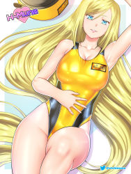 Rule 34 | arm up, armpits, artist name, black one-piece swimsuit, blonde hair, blue eyes, breasts, cleavage, colored eyelashes, competition swimsuit, curvy, etchimune, fingernails, guilty gear, guilty gear xrd, hair down, hat, unworn hat, unworn headwear, large breasts, leg up, lips, long hair, lying, millia rage, multicolored clothes, multicolored swimsuit, on back, one-piece swimsuit, shiny clothes, shiny skin, swept bangs, swimsuit, thighs, very long hair, wide hips, yellow one-piece swimsuit