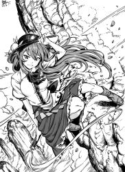 Rule 34 | 1girl, absurdres, boots, buttons, center frills, collared shirt, dated, frilled skirt, frills, fruit hat ornament, greyscale, grin, hat ornament, highres, hinanawi tenshi, holding, long hair, monochrome, peach hat ornament, qingwa chi she, shirt, short sleeves, signature, skirt, smile, solo, touhou