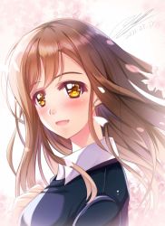 Rule 34 | 1girl, alternate hairstyle, artist name, artist request, blouse, blue sweater, blush, breasts, brown eyes, brown hair, close-up, collared shirt, dated, female focus, floating hair, hair between eyes, hand on own chest, highres, kunikida hanamaru, light brown hair, long hair, long sleeves, looking at viewer, love live!, love live! school idol festival, love live! sunshine!!, medium breasts, parted lips, shirt, shirt under sweater, sideboob, smile, solo, sweater, undershirt, upper body, wavy hair, white shirt, wing collar, yellow eyes