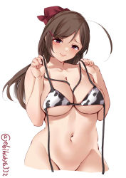 Rule 34 | 1girl, ahoge, animal print, bikini, blush, breasts, brown hair, cleavage, collarbone, colored eyelashes, cow print, cropped legs, ebifurya, groin, hair ornament, hair ribbon, hairclip, highres, kantai collection, large breasts, long hair, mamiya (kancolle), navel, one-hour drawing challenge, purple eyes, red ribbon, ribbon, simple background, solo, swimsuit, twitter username, white background, white bikini