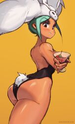 Rule 34 | 1girl, absurdres, ass, blush, bubene, cerebella (skullgirls), cocktail glass, cowboy shot, cup, dark-skinned female, dark skin, drinking glass, green hair, green lips, hat, highres, leotard, looking at viewer, looking back, official alternate costume, olive, playboy bunny, rabbit tail, skullgirls, smile, solo, thick thighs, thighs, vice-versa (skullgirls), yellow background