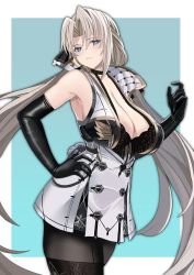 Rule 34 | 1girl, absurdres, azur lane, bare shoulders, black gloves, black pantyhose, blue background, blue eyes, blush, breasts, cleavage, dress, elbow gloves, gloves, grey hair, hand on own hip, highres, kronshtadt (azur lane), large breasts, long hair, looking at viewer, looking back, pantyhose, parted lips, sagging breasts, simple background, smile, solo, tnr (horiko1525), white dress