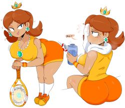 Rule 34 | 1girl, ass, blue eyes, breasts, brown hair, crown, earrings, eyebrows, heart, huge ass, huge breasts, jewelry, jinu (jinusenpai), long hair, mario (series), mario tennis, nintendo, open mouth, princess daisy, shoes, shorts, simple background, sitting, socks, solo, super mario bros. 1, teeth, text focus, tongue, tongue out, towel, white background
