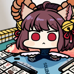 Rule 34 | 1girl, :&lt;, ahoge, bell, brown hair, closed mouth, commentary request, full body, hair bell, hair ornament, hair ribbon, ichihime, japanese clothes, jazz jack, jingle bell, kimono, lowres, mahjong, mahjong soul, mahjong table, mahjong tile, medium bangs, photo-referenced, pink kimono, red eyes, red ribbon, ribbon, short hair, solo, table, v-shaped eyebrows