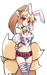 Rule 34 | 1girl, :3, animal ears, animal print, arms behind back, bell, belt, blonde hair, blush, breasts, brown hair, collar, cow print, cowboy shot, extra ears, fox ears, fox tail, jingle bell, kitsune, kyuubi, large breasts, long hair, midriff, multicolored hair, multiple tails, navel, neck bell, original, ponytail, rabbit ears, red eyes, shigehiro (hiroi heya), shorts, slit pupils, smile, solo, tail, thighhighs, tiger print, white background, white hair