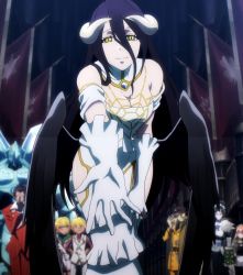 Rule 34 | 1girl, albedo (overlord), bare shoulders, black hair, breasts, cleavage, closed mouth, demon, demon girl, dress, female focus, gloves, happy, highres, hip vent, horns, large breasts, long hair, looking at viewer, overlord (maruyama), screencap, solo, stitched, demon girl, third-party edit, yellow eyes