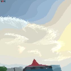 blue_sky building cloud cloudy_sky evening from_below highres no_humans original pixel_art rooftop scenery sky sky_focus sunset tomoruka_mr yellow_sky