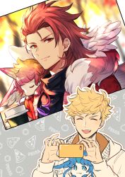 Rule 34 | 2boys, black shirt, blonde hair, carbuncle (final fantasy), closed eyes, closed mouth, coffee cup, cup, disposable cup, granblue fantasy, holding, holding cup, holding phone, hood, hood down, hooded jacket, jacket, male focus, multiple boys, ono (0 no), open mouth, percival (granblue fantasy), phone, red eyes, red hair, shirt, short hair, smile, vane (granblue fantasy), white jacket