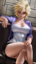 Rule 34 | 1girl, artist name, bakugou mitsuki, blonde hair, boku no hero academia, breasts, cardigan, cleavage, commentary, couch, crossed legs, english commentary, feet out of frame, hand on leg, highres, izhardraws, large breasts, light particles, looking at viewer, mature female, mature female, miniskirt, nail polish, open clothes, purple cardigan, purple nails, red eyes, shirt, short hair, skirt, smile, solo, spiked hair, wall, white shirt
