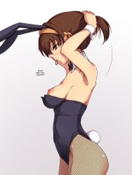 Rule 34 | 1girl, animal ears, breasts, brown eyes, brown hair, detached collar, fake animal ears, fishnet pantyhose, fishnets, tucking hair, hard-translated, haruhisky, highres, mouth hold, nipples, pantyhose, playboy bunny, profile, rabbit ears, rabbit tail, short hair, solo, suzumiya haruhi, suzumiya haruhi no yuuutsu, tail, third-party edit, translated, wrist cuffs