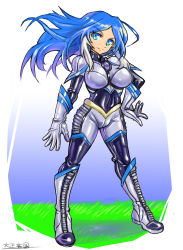 Rule 34 | 1girl, blue hair, bodysuit, boots, breasts, covered navel, female focus, formal, full body, gloves, hand on own hip, highres, impossible bodysuit, impossible clothes, inazuma eleven, inazuma eleven (series), large breasts, long hair, multicolored hair, oomasa teikoku, signature, skin tight, solo, standing, suit, two-tone hair, white hair, yagami reina