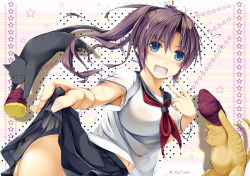 Rule 34 | 1girl, animal, animal on head, ass, blue eyes, bracelet, breasts, cat, clothes lift, highres, jewelry, kai yuuki, kurisugawa kii, large breasts, lifted by self, long hair, looking at viewer, navel, no panties, on head, open mouth, original, ponytail, purple hair, school uniform, skirt, skirt lift, solo, v, worm