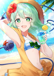 Rule 34 | 1girl, :d, absurdres, arm behind head, arm up, beach, bikini, blue sky, breasts, bright pupils, brown hat, cleavage, cloud, commentary request, cup, drinking glass, flower, green eyes, green hair, hair flower, hair ornament, hat, highres, holding, holding cup, komeiji koishi, komeiji koishi (the excited eyes of love), light particles, looking at viewer, medium breasts, medium hair, nano popo02, navel, open clothes, open mouth, outdoors, palm tree, plaid, plaid bikini, red flower, sky, smile, solo, starfish, straw hat, swimsuit, third eye, touhou, touhou lostword, tree, upper body, white bikini, white pupils
