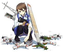 Rule 34 | 10s, 1girl, aircraft, airplane, archery, arrow (projectile), bow (weapon), brown eyes, brown hair, gloves, hakama, hakama skirt, japanese clothes, kaga (kancolle), kantai collection, kyuudou, muneate, nakatani, partially fingerless gloves, partly fingerless gloves, personification, quill, quiver, short hair, side ponytail, single glove, skirt, smile, solo, squatting, tasuki, thighhighs, weapon, yugake