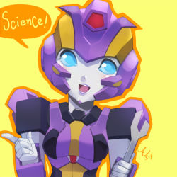 Rule 34 | 1girl, blue eyes, blush, english text, glowing, glowing eyes, index finger raised, lips, looking at viewer, mecha, nautica (transformers), outline, purple lips, robot, signature, simple background, solo, the transformers (idw), transformers, yellow background, zoner