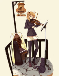 Rule 34 | ahoge, bad id, bad pixiv id, black thighhighs, bow (music), cat, instrument, instrument case, music stand, shiromiso, standing, thighhighs, violin, zettai ryouiki