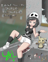 Rule 34 | 1girl, absurdres, alternate costume, beanie, black hair, breasts, broken glass, cosplay, creatures (company), english text, full body, game freak, gen 7 pokemon, glass, half-closed eyes, hat, highres, jewelry, legs, mimikyu, necklace, nintendo, open mouth, outdoors, pokemon, pokemon sm, rain, selene (pokemon), shoes, short hair, shorts, sitting, solo, tank top, team skull, team skull (cosplay), text focus, thigh strap, wristband
