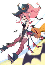 Rule 34 | 1girl, :o, absurdres, animal, bare shoulders, bat (animal), bewitching janna, black footwear, black gloves, black hat, breasts, broom, broom riding, from side, full body, glasses, gloves, hat, high heels, highres, janna (league of legends), league of legends, long hair, multicolored background, orange thighhighs, parted bangs, pink hair, pointy ears, ponytail, pumpkin, round eyewear, shoes, small breasts, solo, striped clothes, striped thighhighs, teeth, thighhighs, tianshi bianjie, upper teeth only, white background, witch hat