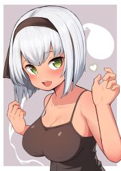 Rule 34 | 1girl, absurdres, bare arms, bare shoulders, black hairband, blush, breasts, camisole, cleavage, collarbone, ghost, green eyes, hair ribbon, hairband, hands up, heart, highres, konpaku youmu, large breasts, looking at viewer, moyashi baasuto, open mouth, ribbon, short hair, silver hair, simple background, smile, solo, tan, touhou, upper body