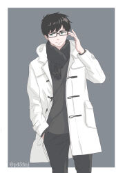 Rule 34 | 1boy, adjusting eyewear, ao no exorcist, aqua eyes, artist name, black-framed eyewear, black hair, border, closed mouth, coat, duffel coat, glasses, grey background, grey pants, grey scarf, grey shirt, hand in pocket, hand up, highres, long sleeves, looking at another, looking to the side, male focus, mole, mole under eye, okumura yukio, open clothes, open coat, outside border, p45fmj, pants, pocket, scarf, shirt, short hair, simple background, solo, standing, toggles, twitter username, white border, white coat, winter clothes
