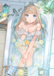 Rule 34 | 1girl, absurdres, bare shoulders, bathtub, blue eyes, blush, breasts, brown hair, cellphone, cleavage, commentary, dress, faucet, food, frilled dress, frills, from above, fruit, green nails, hair ornament, hairband, hand on own knee, hand up, highres, indoors, leaf, lemon, lemon print, lemon slice, long hair, looking at viewer, looking up, mochitsuki usa, nail polish, open mouth, original, partially submerged, phone, plant, potted plant, rubber duck, sitting, sleeveless, small breasts, smartphone, soap bottle, solo, symbol-only commentary, water, water drop, wet, wet clothes, white dress