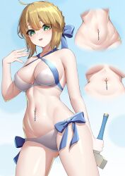 Rule 34 | 1girl, :d, absurdres, ahoge, artoria pendragon (all), artoria pendragon (fate), artoria pendragon (swimsuit archer) (fate), bikini, blonde hair, blush, bow, bow bikini, breasts, cleavage, cleavage cutout, clothing cutout, collarbone, commentary request, criss-cross halter, fate/grand order, fate (series), from below, green eyes, halterneck, highres, medium breasts, medium hair, multiple views, navel, navel piercing, official alternate costume, okayusonmu, open mouth, piercing, saber (fate), simple background, smile, swimsuit, underboob