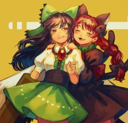 Rule 34 | 2girls, :3, animal ears, arm cannon, arm garter, black bow, black dress, black hair, blouse, blush, bow, braid, buttons, cat ears, center frills, closed eyes, cowboy shot, dress, earrings, extra ears, fang, frilled shirt collar, frills, green bow, green skirt, hair bow, half-closed eyes, hand up, hands on another&#039;s shoulders, high-waist skirt, highres, jewelry, juliet sleeves, kaenbyou rin, long hair, long sleeves, multiple girls, multiple tails, mushiao, popped collar, puffy short sleeves, puffy sleeves, red bow, red eyes, red hair, reiuji utsuho, shirt, short sleeves, skirt, smile, tail, third eye, touhou, traditional media, twin braids, two tails, wavy mouth, weapon, white shirt