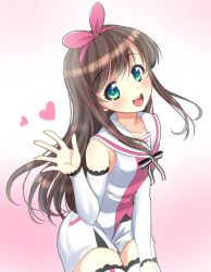 Rule 34 | arm up, arm warmers, bare shoulders, blush, bow, collarbone, commentary request, gradient background, green eyes, hairband, heart, highres, kayura yuka, kizuna ai, kizuna ai inc., lace, lace-trimmed legwear, lace-trimmed sleeves, lace trim, long hair, looking at viewer, multicolored hair, open hand, open mouth, pink bow, pink hair, pink hairband, pink ribbon, ribbon, sailor collar, shirt, short shorts, shorts, simple background, sleeveless, sleeveless shirt, solo, streaked hair, swept bangs, two-tone hair, virtual youtuber, white sailor collar, white shorts