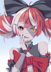Rule 34 | 1girl, ahoge, bandages, black bow, black nails, bow, double bun, grey hair, hair bow, hair bun, heterochromia, highres, hololive, hololive indonesia, ichi-go, kureiji ollie, looking at viewer, multicolored hair, nail polish, open mouth, patchwork skin, pink hair, red hair, solo, stitched arm, stitched face, stitched torso, stitches, torn clothes, virtual youtuber, yellow eyes, zombie