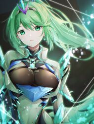 Rule 34 | 1girl, armor, breasts, chest jewel, cleavage, core crystal (xenoblade), dangle earrings, drop earrings, earrings, gem, greek text, green eyes, green hair, hair ornament, headpiece, highres, jewelry, large breasts, long hair, looking at viewer, neon trim, pneuma (xenoblade), ponytail, solo, swept bangs, tiara, ui frara, very long hair, xenoblade chronicles (series), xenoblade chronicles 2